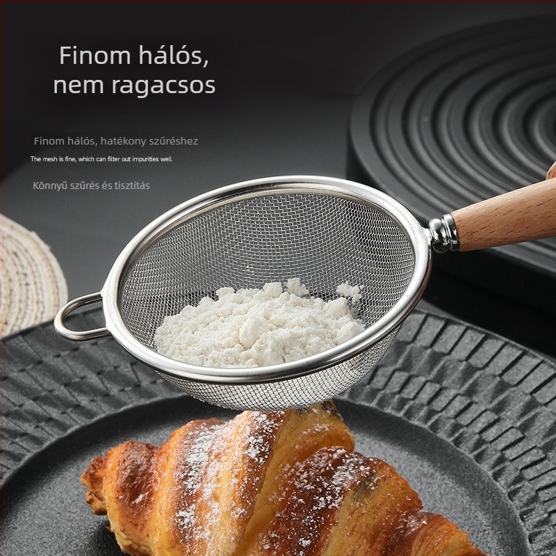 Liszt-szitáló 30-mesh rozsdamentes acélból, fa markolattal, csúszásmentes és hőálló konyhai eszköz