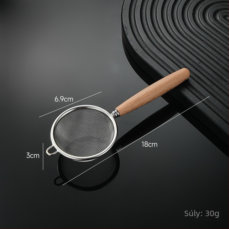 Liszt-szitáló 30-mesh rozsdamentes acélból, fa markolattal, csúszásmentes és hőálló konyhai eszköz