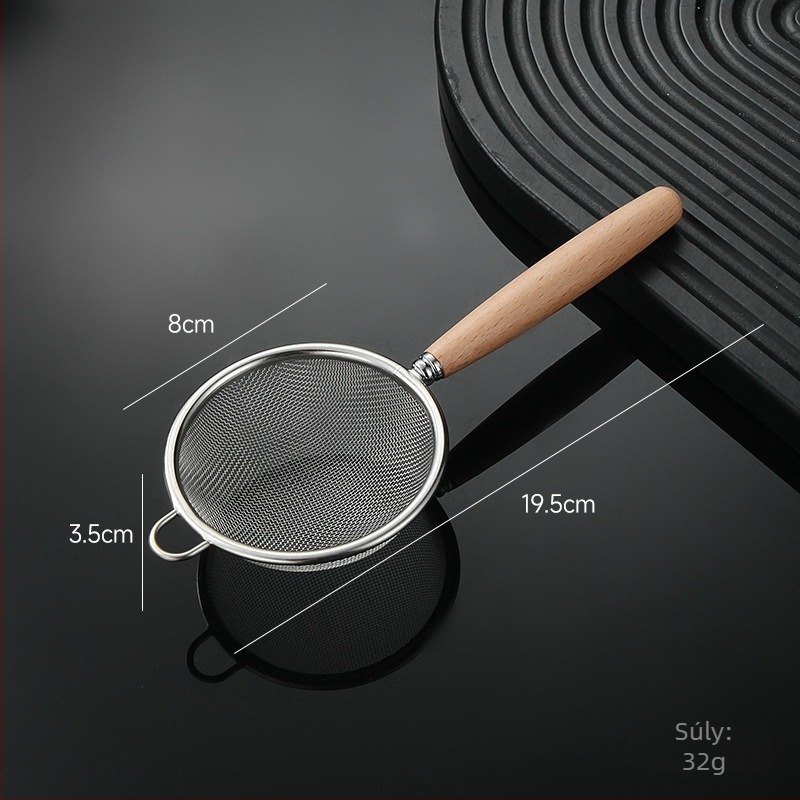 Liszt-szitáló 30-mesh rozsdamentes acélból, fa markolattal, csúszásmentes és hőálló konyhai eszköz