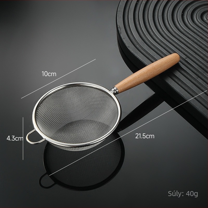 Liszt-szitáló 30-mesh rozsdamentes acélból, fa markolattal, csúszásmentes és hőálló konyhai eszköz