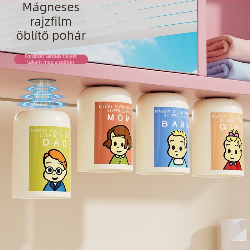 [Heartmade] Mágneses szájöblítő pohár fogkefetartóval, rögzíthető a tükörszekrény aljához, fürdőszobához — Anyag: PP+PET; Testreszabás nélkül