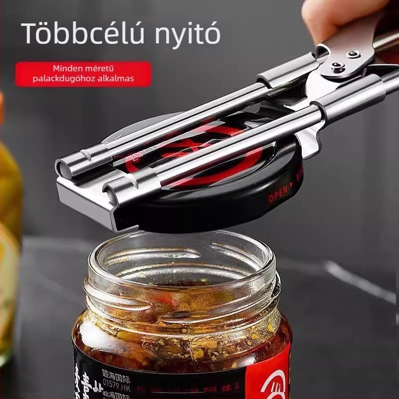 Rozsdamentes acélból készült, multifunkcionális, hordozható kupaknyitó konzerv- és üvegkupakokhoz, visszahúzható mechanizmussal