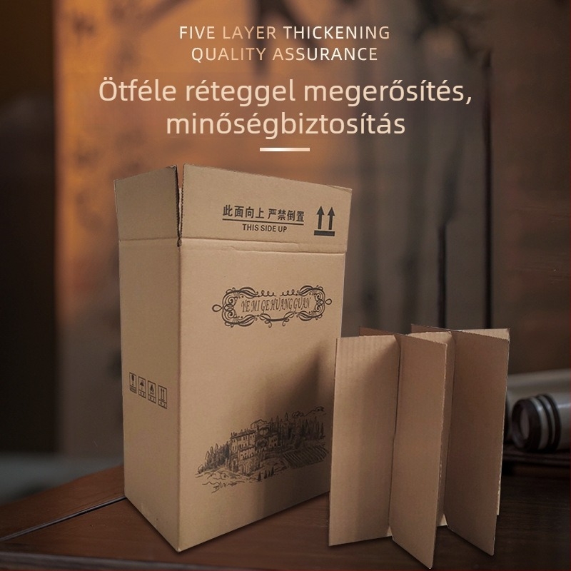 Bor ajándéktok összecsukható kartonból, öt rétegű, szegecsek nélküli kivitel, hullámkartonból, nyomás- és esésálló