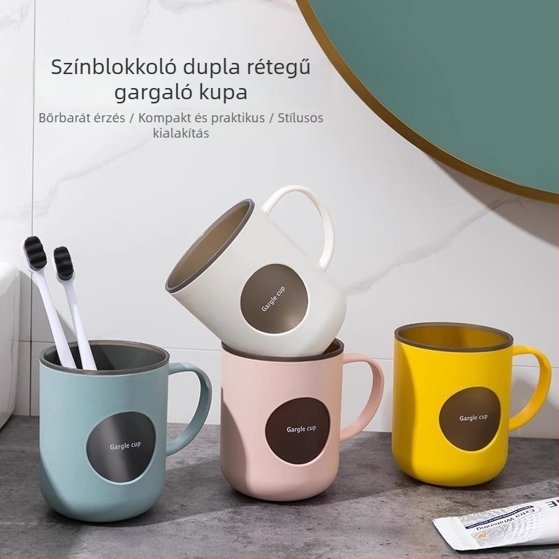 Naher kétszintű színblokkolt pohár szájvíz és fogkefé részére, fogantyúval, PP műanyag, 65 g