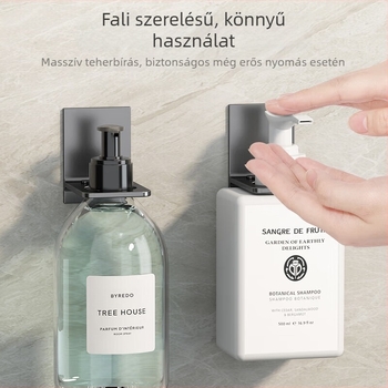 Fali tartó zuhanygél, sampon, kézfertőtlenítő és mosogatószer számára; anyaga: űr-alumínium; fúrás nélküli telepítés; Bao Yi márka; logó nélküli.
