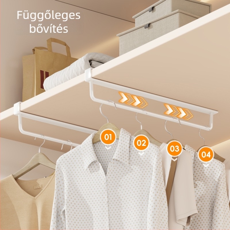 Gardrób akasztó rúd, vízszintes és vertikális sínnel, fúrás nélkül, vasból, modern minimalist stílus