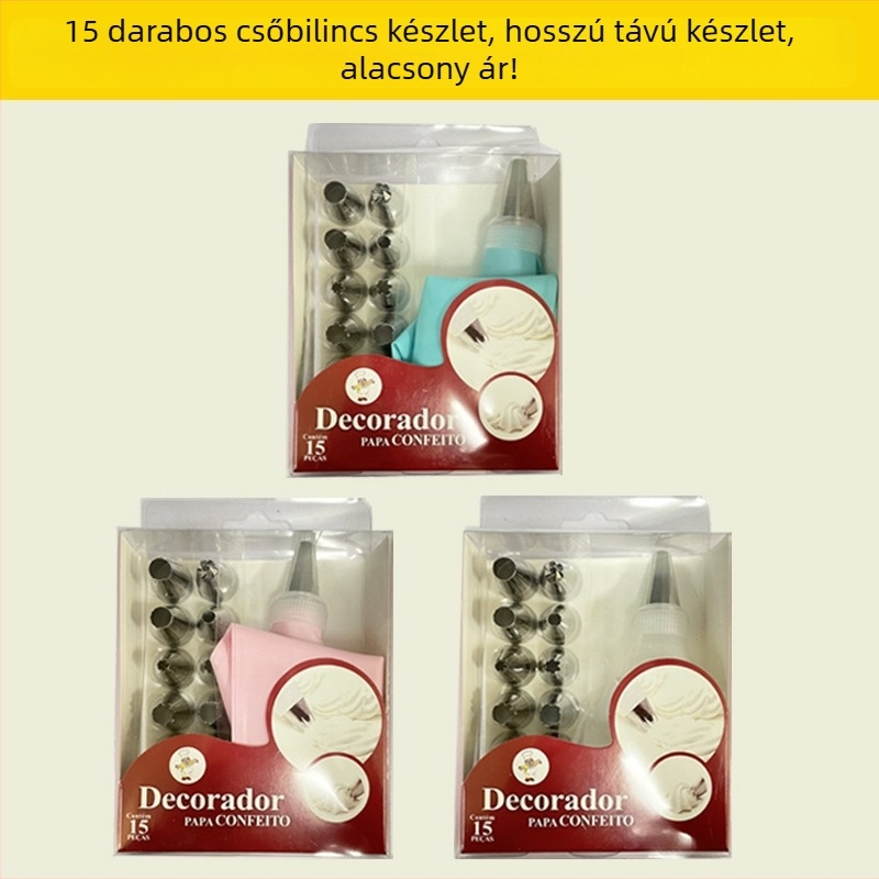 12 darabos díszítő cső készlet habzsákkal és PVC dobozban, rozsdamentes acélból készült, torta dekorációhoz