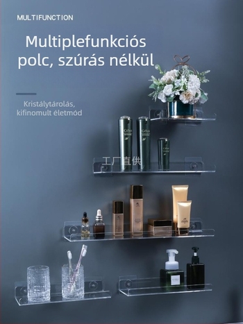 Fürdőszobai tároló polc - fúrás nélküli, átlátszó üveg, egyszerű stílus (1 polc)