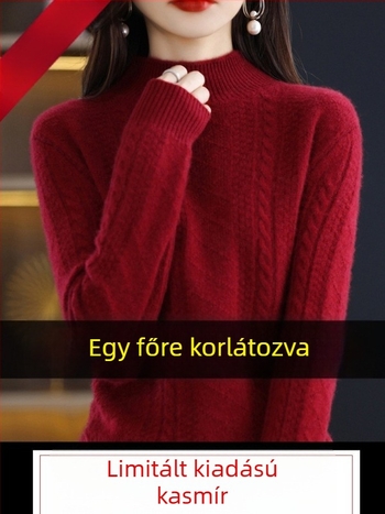 Női gyapjú pulóver kapucnival, vast kötésű, fél magas nyakú, laza szabás, őszi-téli viselet