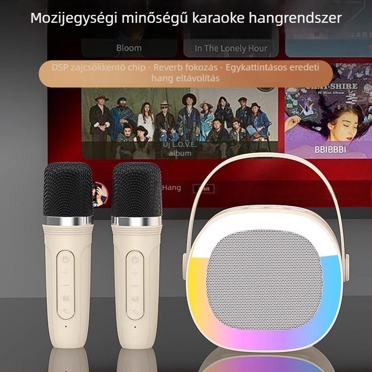 Hordozható mikrofon-hangsugárzó rendszer karaokehoz Bluetooth 5.3, frekvenciatartomány 100Hz-20kHz, SNR ≥70dB, beépített 1200–2000mAh akkumulátor, hatótáv 10 m