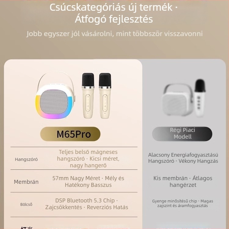 Hordozható mikrofon-hangsugárzó rendszer karaokehoz Bluetooth 5.3, frekvenciatartomány 100Hz-20kHz, SNR ≥70dB, beépített 1200–2000mAh akkumulátor, hatótáv 10 m