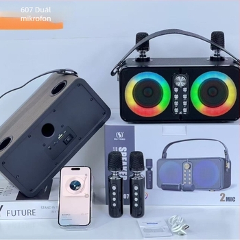 Kettős mikrofonos Bluetooth hangfal karaokehoz és kültéri használatra, 20W kimenet, Bluetooth 5.3, 20 Hz-20 kHz, SNR ≥75 dB, beépített 2000-4000 mAh akkumulátor
