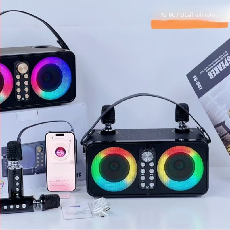 Kettős mikrofonos Bluetooth hangfal karaokehoz és kültéri használatra, 20W kimenet, Bluetooth 5.3, 20 Hz-20 kHz, SNR ≥75 dB, beépített 2000-4000 mAh akkumulátor