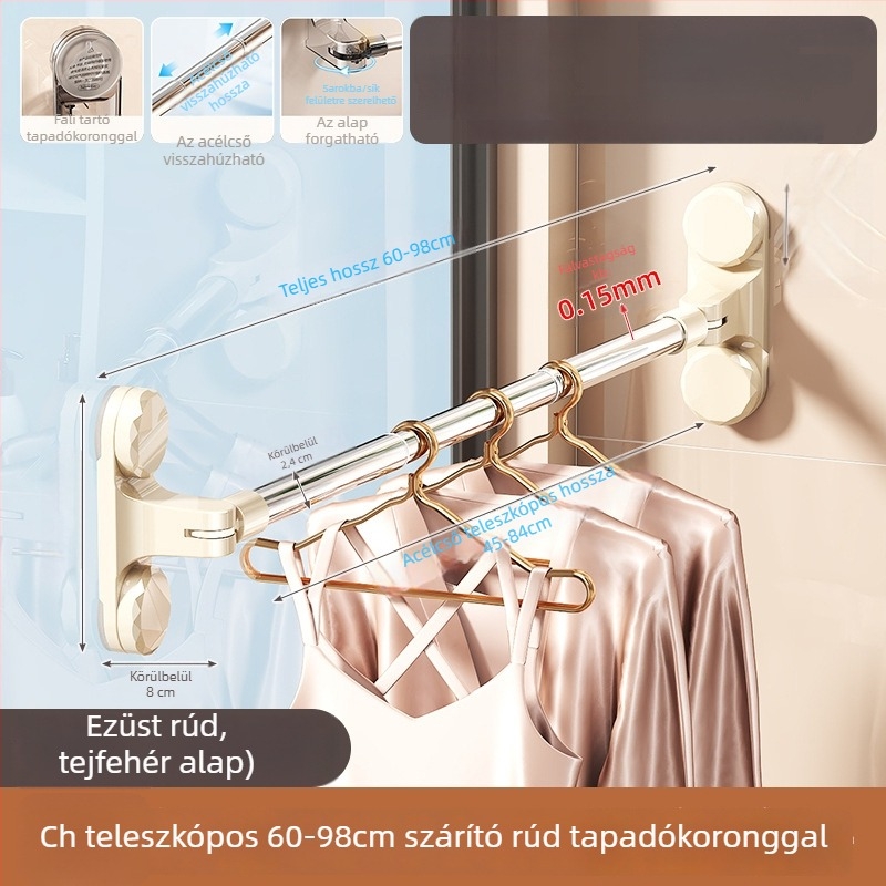 Kinyitható ruhaszárító rúd szívófejjel, fúrás nélkül, erkélyre, rozsdamentes acél törölközőtartó