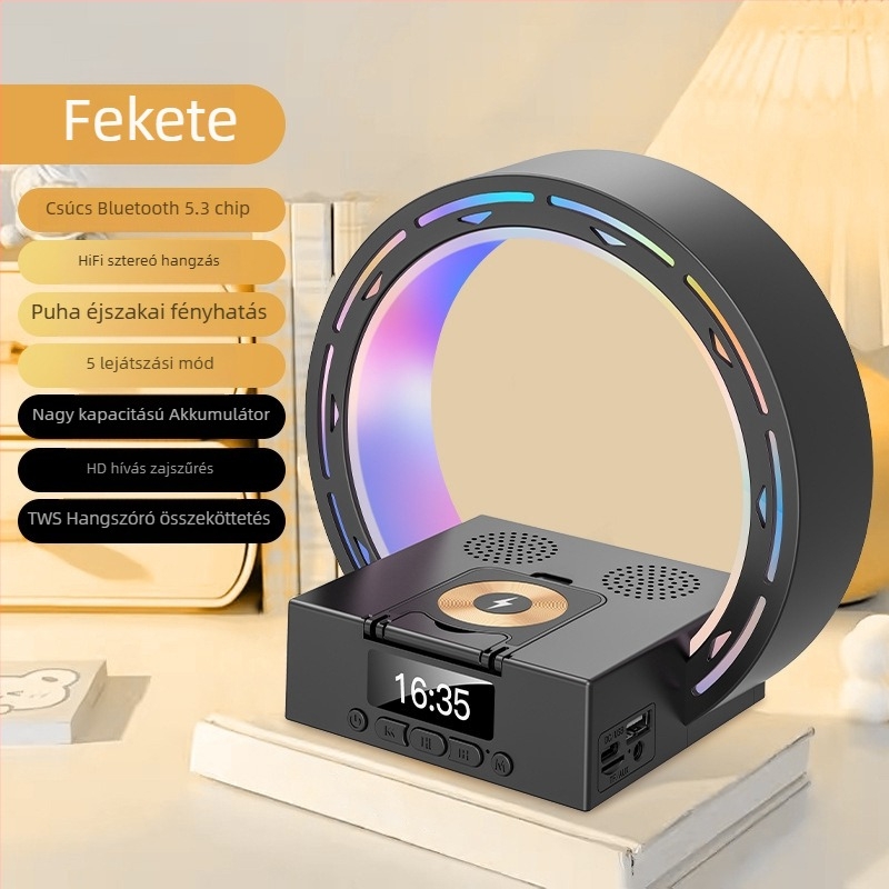 L35 Bluetooth hangszóró ébresztővel, éjjeli lámpával és telefonállvánnyal, 3 az 1-ben; Bluetooth 5.3, beépített 1200–2000 mAh akkumulátor, 15W, IPX5, frekvenciaválasz 100 Hz–20 kHz