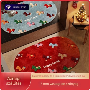 Kis megrendelésre készített, ünnepi pónis mintás, lenhatású fürdőszobai padlómatrac mosdóhoz, csúszásmentes és nedvszívó.