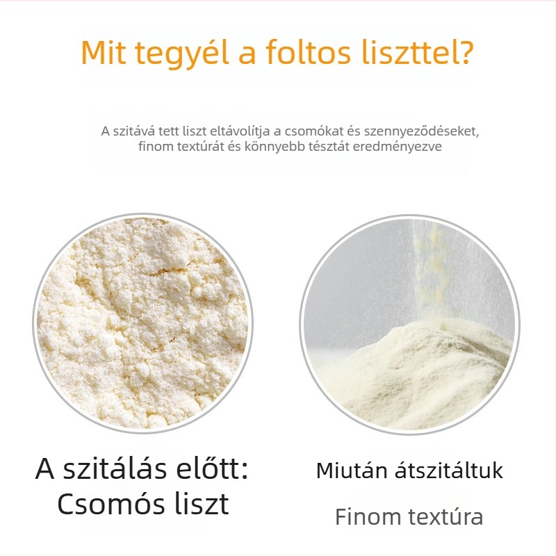 Plasztikus lisztszita, kör alakú, kézben tartható, 60-mesh hálóval, sütéshez