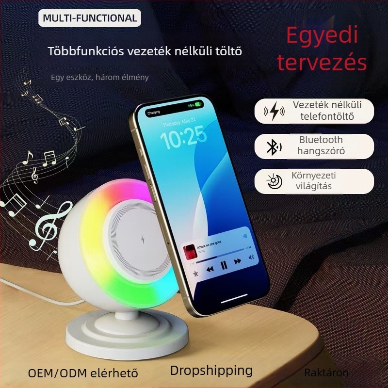 Vezeték nélküli töltésű Bluetooth hangszóró, 3 az egyben, RGB éjszakai fény és mágneses hangszóró