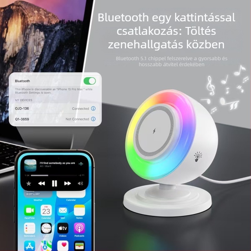 Vezeték nélküli töltésű Bluetooth hangszóró, 3 az egyben, RGB éjszakai fény és mágneses hangszóró