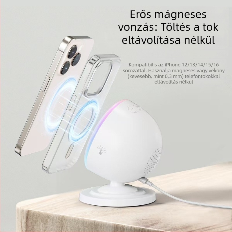 Három az egyben vezeték nélküli töltő Bluetooth hangszóróval, RGB éjjeli fény és mágneses rögzítés