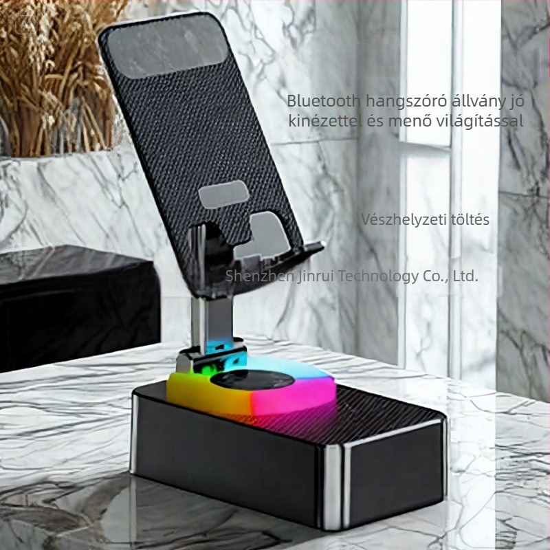 Bluetooth hangszóró telefon-tartóval és RGB világítással, 5W, beépített 1200–2000 mAh akkumulátor, Bluetooth 5.3, 100 Hz–20 kHz frekvenciatartomány, SNR ≥70 dB
