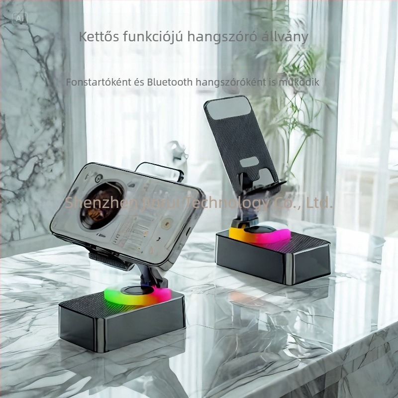 Bluetooth hangszóró telefon-tartóval és RGB világítással, 5W, beépített 1200–2000 mAh akkumulátor, Bluetooth 5.3, 100 Hz–20 kHz frekvenciatartomány, SNR ≥70 dB