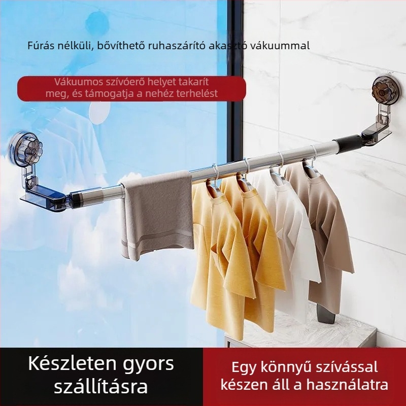 Rozsdamentes acélból készült öntapadós, teleszkópos ruhaszárító rúd törölközőtartóval – balkonra, csempe/ablak, fürdőszoba