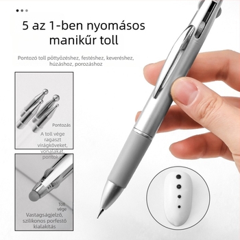 Manikűr Point Pen, öt az egyben, nyomógombos típusú eszköz, dupla fejű fúróval és vonalhúzó funkcióval, műanyag