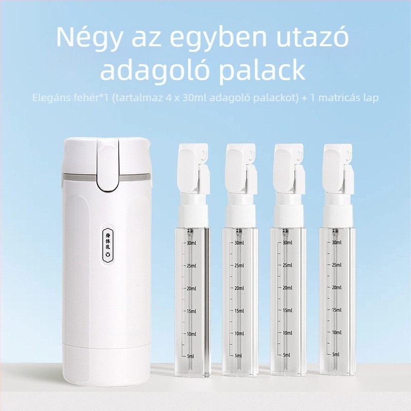 Négy az egyben utazási adagoló palack, PP anyagból, hordozható kozmetikai tároló (sampon és tusfürdő)