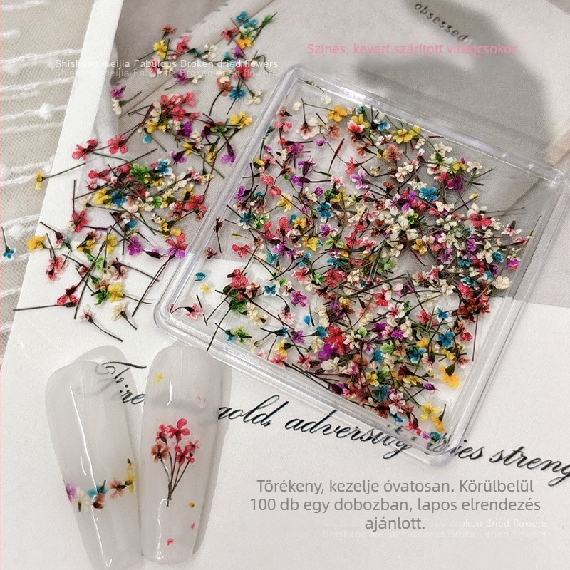 Köröm művészet dekoráció szárított virágokkal — Hercegnő sorozat, flitterek DIY körmök dekorja, virágos mintázat
