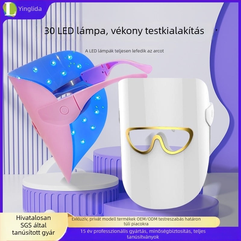 Hordozható LED arcmaszk, háromszínű fénnyel, otthoni használatra, fototerápia és bőrápolás