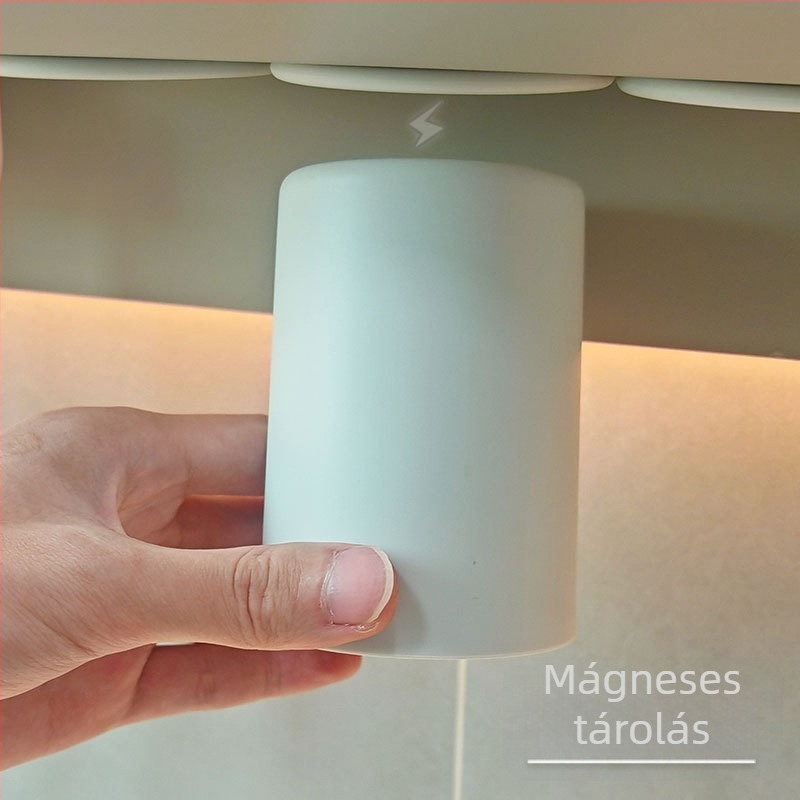 Tükör alatti mágneses fogkefetartó és szájöblítő pohár tartó, műanyag, fúrás nélküli rögzítés, négytagú család számára (anyag: műanyag; funkció: mágneses rögzítés; szerelés: fúrás nélküli)