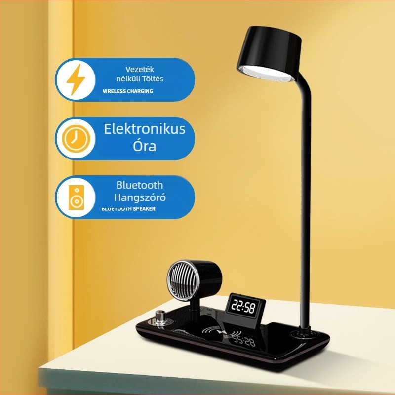 Vezeték nélküli töltésű asztali lámpa Bluetooth hangszóróval, óra, érintéses vezérlés, szemvédelem, USB tápellátás