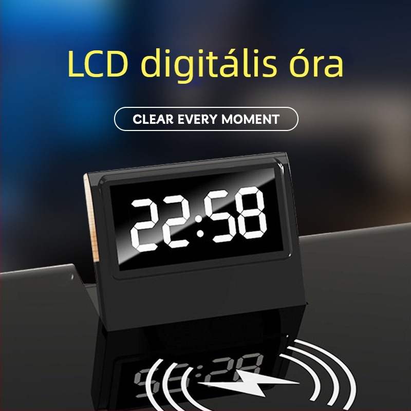 Vezeték nélküli töltésű asztali lámpa Bluetooth hangszóróval, óra, érintéses vezérlés, szemvédelem, USB tápellátás
