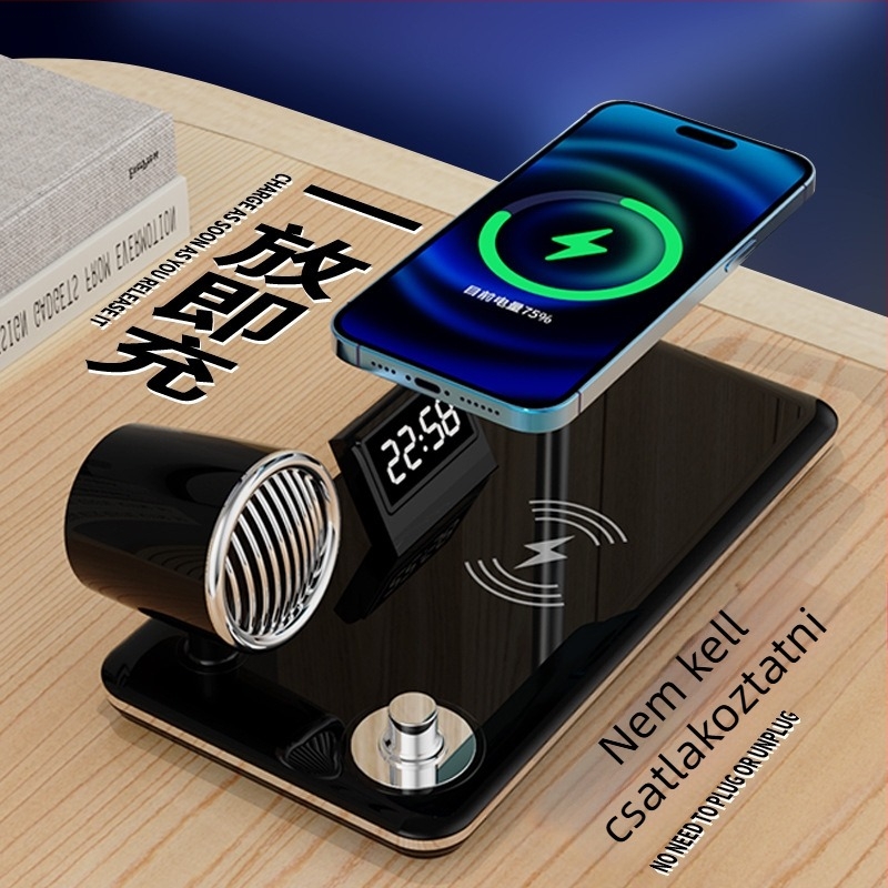 Vezeték nélküli töltésű asztali lámpa Bluetooth hangszóróval, óra, érintéses vezérlés, szemvédelem, USB tápellátás