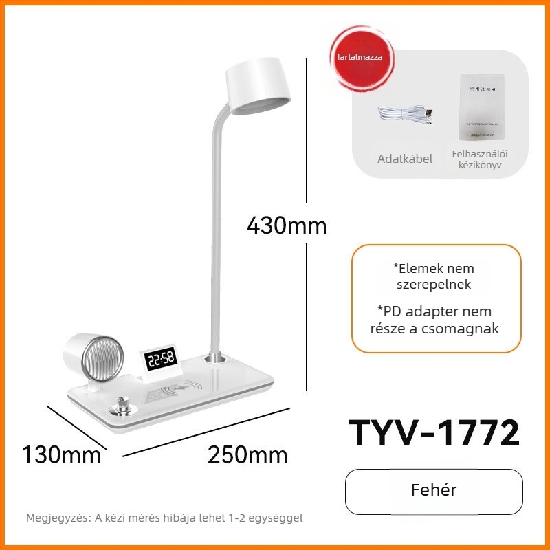 Vezeték nélküli töltésű asztali lámpa Bluetooth hangszóróval, óra, érintéses vezérlés, szemvédelem, USB tápellátás