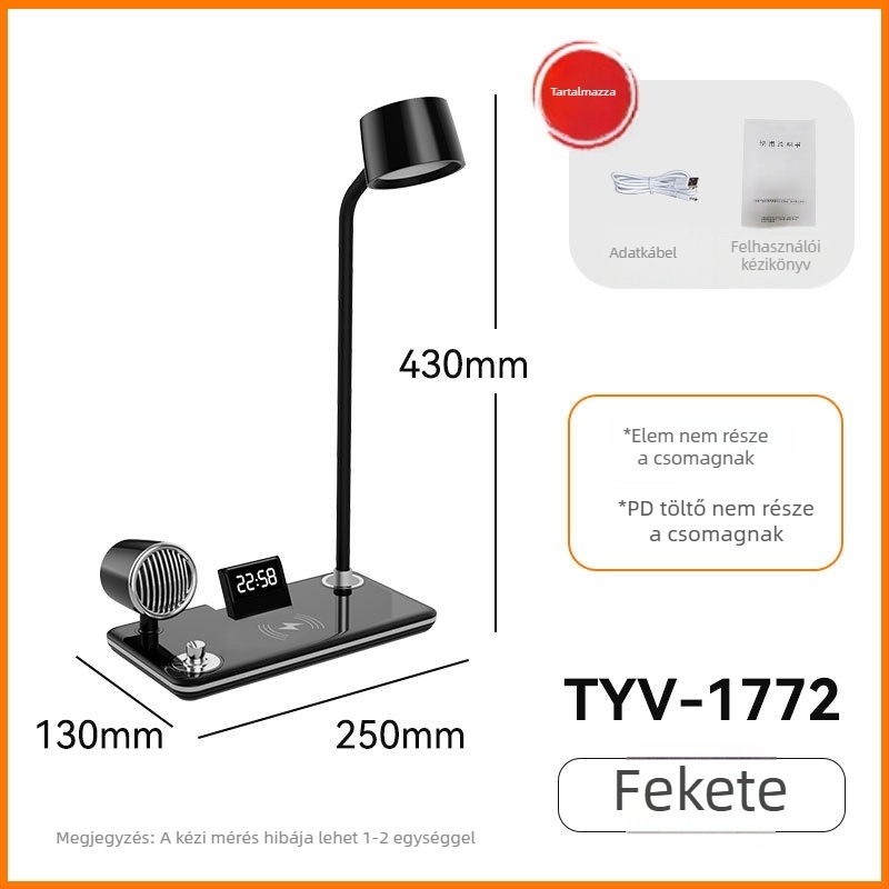 Vezeték nélküli töltésű asztali lámpa Bluetooth hangszóróval, óra, érintéses vezérlés, szemvédelem, USB tápellátás
