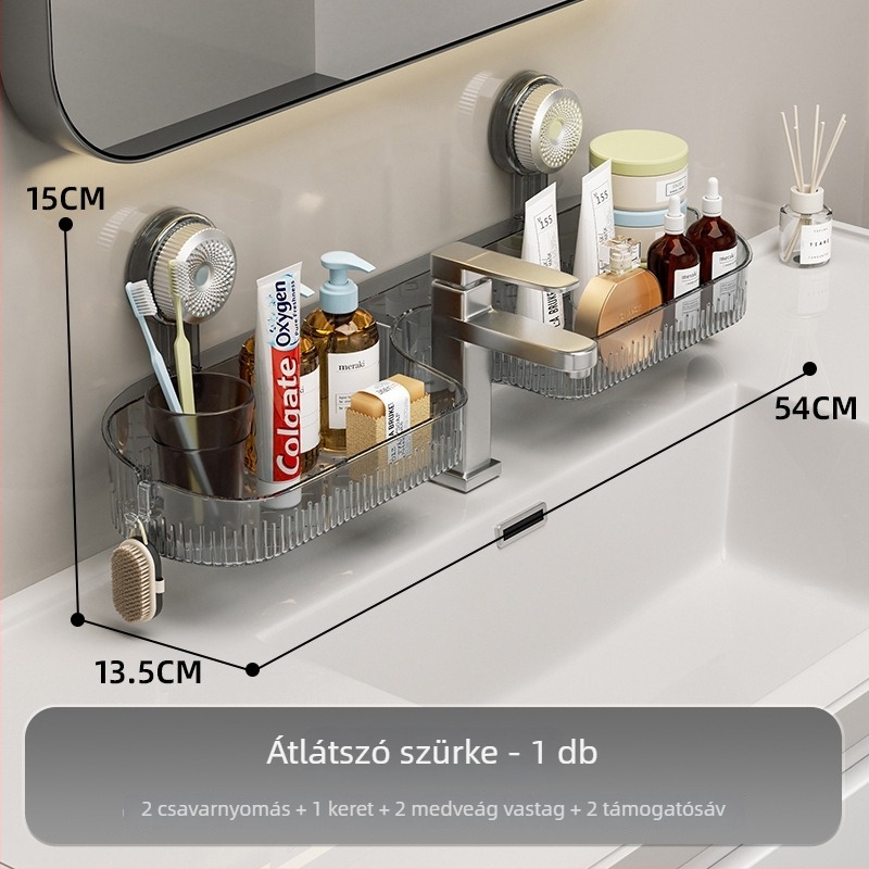 Akril fürdőszobai falra szerelhető szívókorongos tároló, fúrás nélkül, 1 szint, teherbírás 10-15 kg