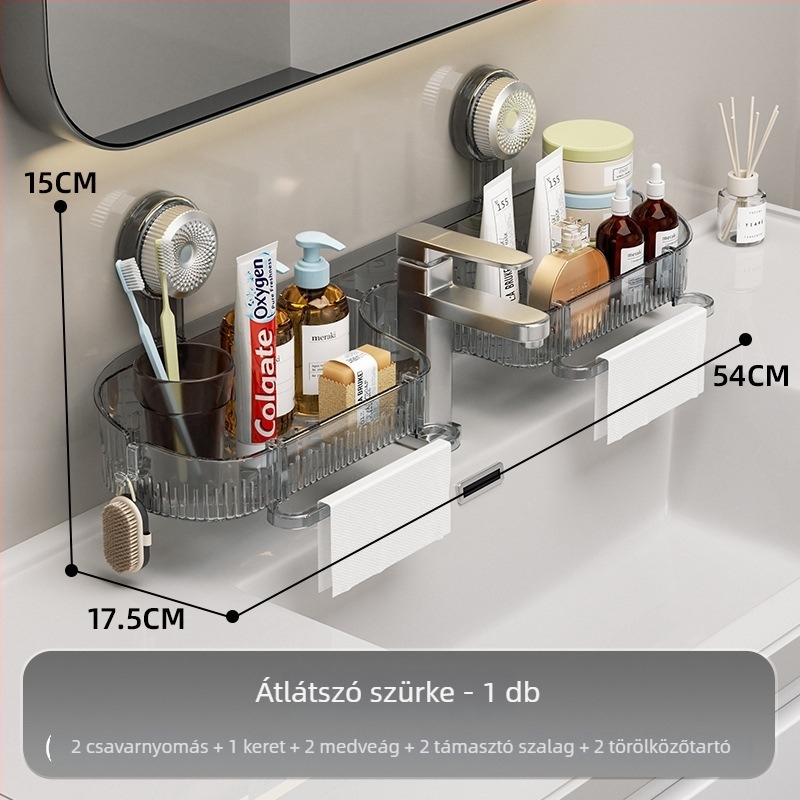 Akril fürdőszobai falra szerelhető szívókorongos tároló, fúrás nélkül, 1 szint, teherbírás 10-15 kg