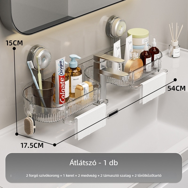 Akril fürdőszobai falra szerelhető szívókorongos tároló, fúrás nélkül, 1 szint, teherbírás 10-15 kg