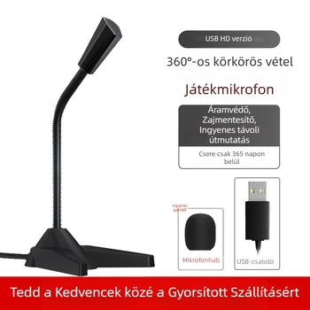 USB asztali mikrofón számítógépekhez — cserélhető irányultságú felvételi mintázat, zajcsökkentés, 100 Hz–20 kHz, SNR < 60 dB, vezetékes, ideális élő közvetítéshez, játékhoz és értekezletekhez