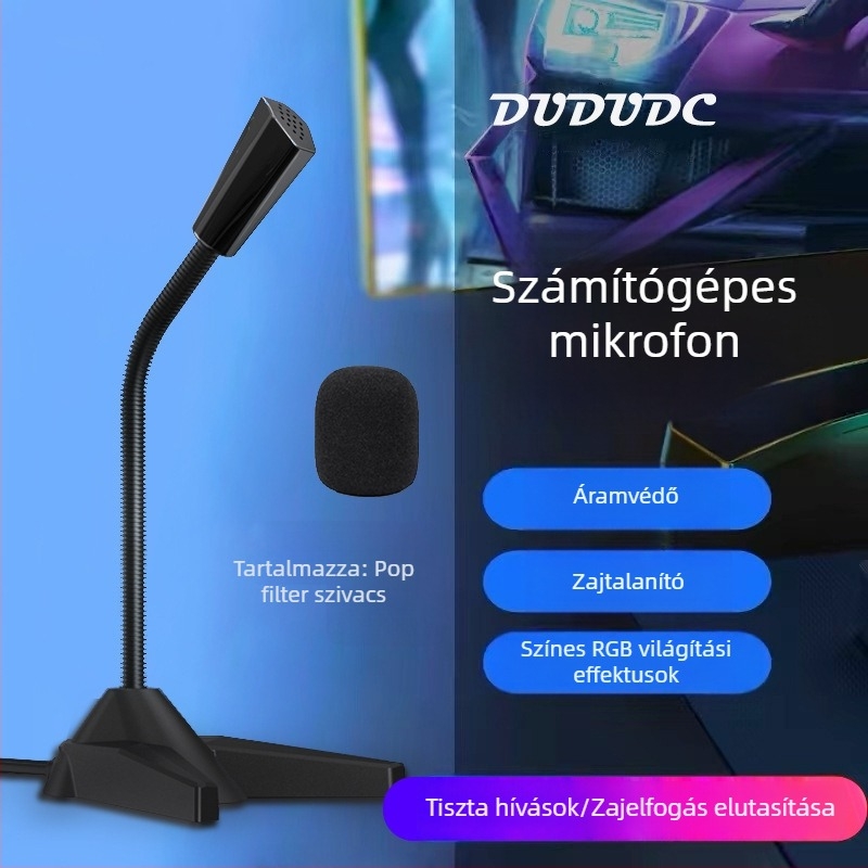 USB asztali mikrofón számítógépekhez — cserélhető irányultságú felvételi mintázat, zajcsökkentés, 100 Hz–20 kHz, SNR < 60 dB, vezetékes, ideális élő közvetítéshez, játékhoz és értekezletekhez