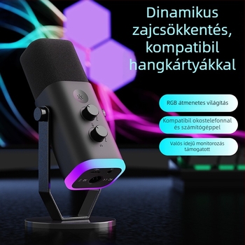 USB asztali mikrofon játékokhoz és közvetítéshez RGB világítással; alkalmas otthoni használatra, konferenciákra és hangfelvételre; frekvenciaválasz 20 Hz–20 kHz; SNR ≥75 dB; Bluetooth 2.0