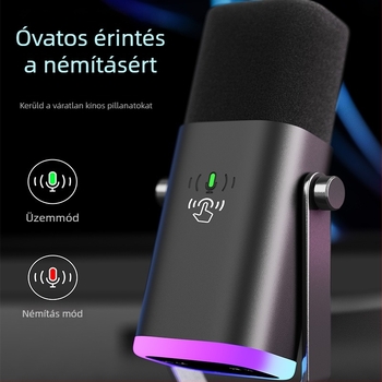 USB asztali mikrofon játékokhoz és közvetítéshez RGB világítással; alkalmas otthoni használatra, konferenciákra és hangfelvételre; frekvenciaválasz 20 Hz–20 kHz; SNR ≥75 dB; Bluetooth 2.0
