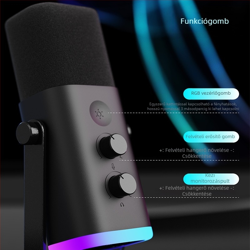 USB asztali mikrofon játékokhoz és közvetítéshez RGB világítással; alkalmas otthoni használatra, konferenciákra és hangfelvételre; frekvenciaválasz 20 Hz–20 kHz; SNR ≥75 dB; Bluetooth 2.0