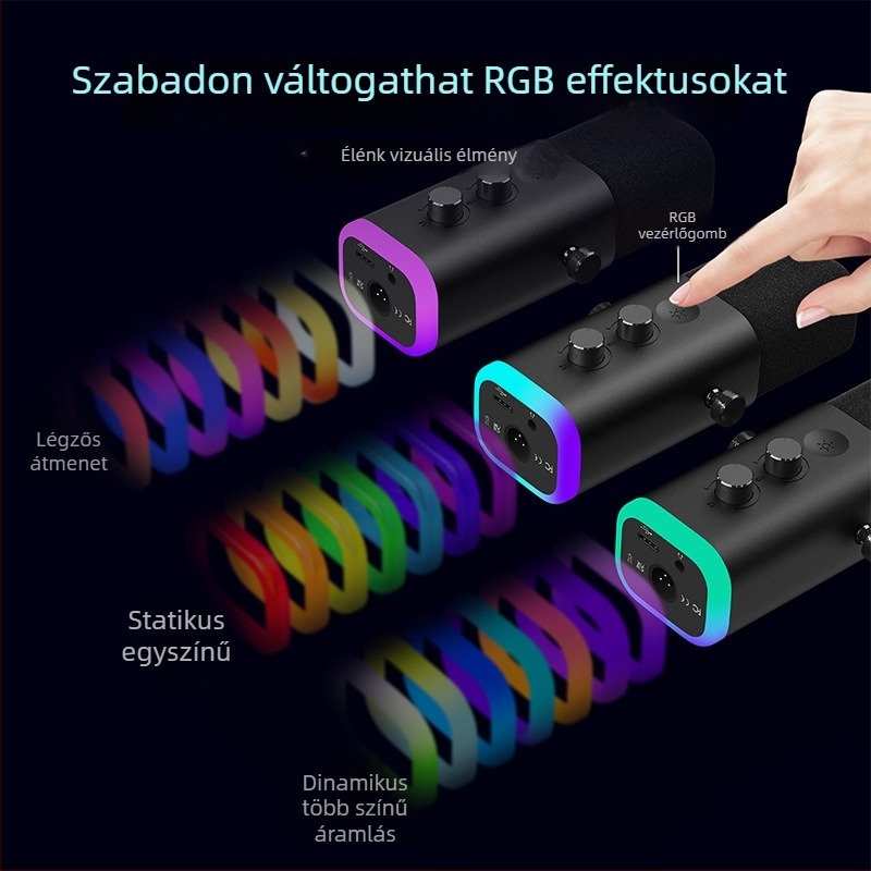 USB asztali mikrofon játékokhoz és közvetítéshez RGB világítással; alkalmas otthoni használatra, konferenciákra és hangfelvételre; frekvenciaválasz 20 Hz–20 kHz; SNR ≥75 dB; Bluetooth 2.0