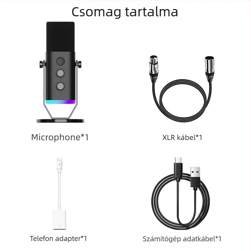 USB asztali mikrofon játékokhoz és közvetítéshez RGB világítással; alkalmas otthoni használatra, konferenciákra és hangfelvételre; frekvenciaválasz 20 Hz–20 kHz; SNR ≥75 dB; Bluetooth 2.0