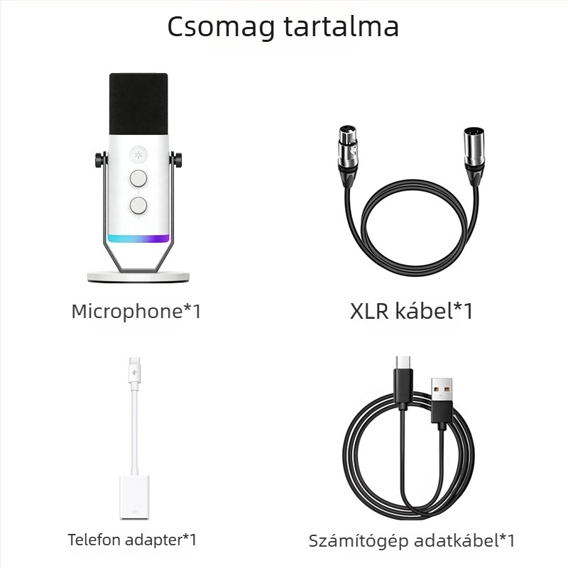 USB asztali mikrofon játékokhoz és közvetítéshez RGB világítással; alkalmas otthoni használatra, konferenciákra és hangfelvételre; frekvenciaválasz 20 Hz–20 kHz; SNR ≥75 dB; Bluetooth 2.0