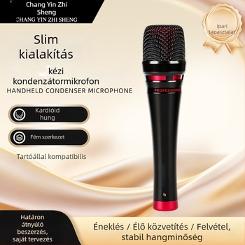 Kézben tartható kondenzátor mikrofon élő közvetítéshez, vezeték nélküli kapcsolattal; szuperkardioid vételi karakterisztika; frekvenciaátvitel 30 Hz–15 kHz; SNR ≥70 dB