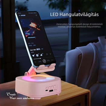 Telefon tartó Bluetooth hangszóróval és három az egyben zenekomponens, forgatható asztali tartó; 5W, Bluetooth 5.3, beépített 1200–2000mAh akkumulátor, 100Hz–20kHz, SNR ≥70dB